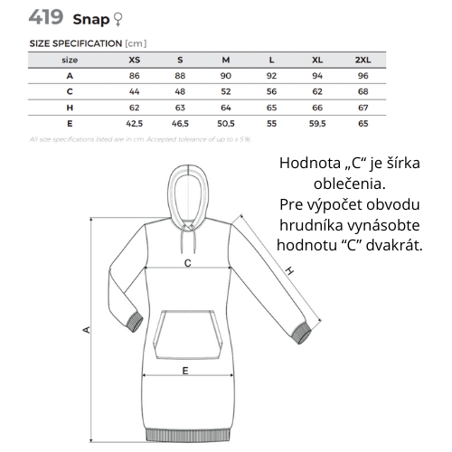 Hodnota “C” je šířka oblečení. Pro výpočet obvodu hrudníku vynásobte hodnotu “C” dvakrát. (5)